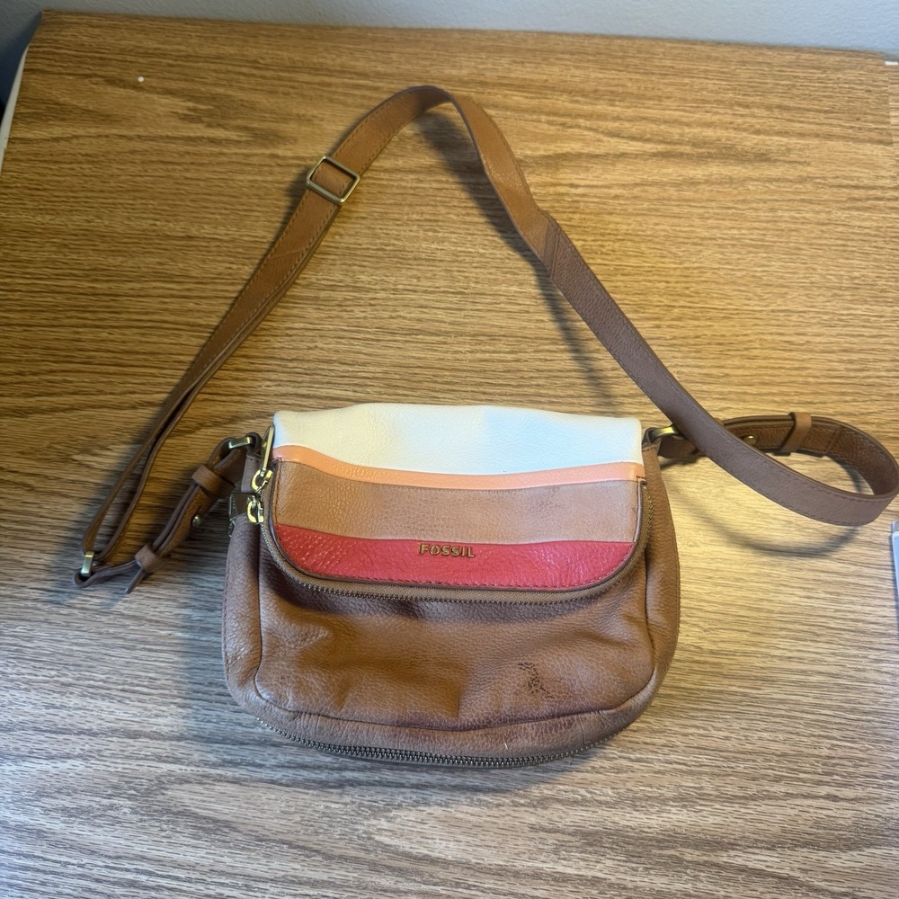 Fossil Preston Flap Tan‎ Multi Leather Expandable Crossbody Shoulder Bag